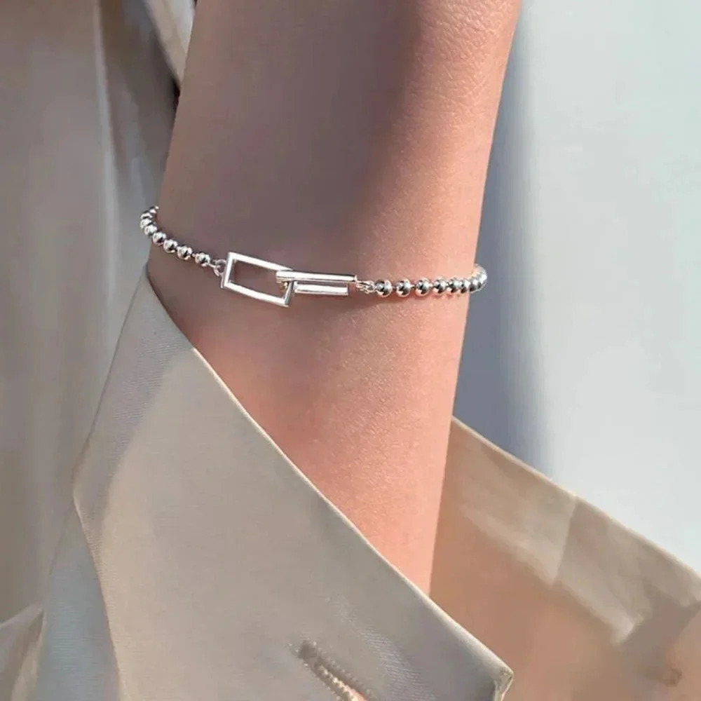 925 Sterling Silver Rectangle Link Bracelet Bead Silver Dainty Bracelet